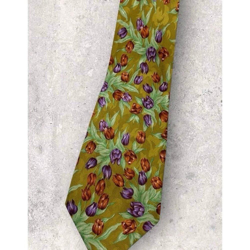 KENZO Silk Tie ITALY Green Purple Floral Leaf W:3.6" EUC - Picture 5 of 5